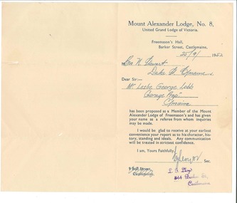 Letter, Proposition of Candidate - Mr. Leslie George Lobb