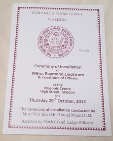 Card, Ceremony of Installation of Raymond Lindstrom, 29/10/2015