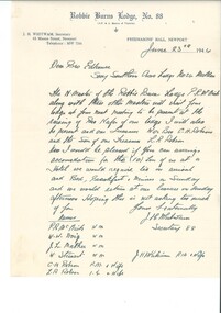 Letter, Visitation from Robbie Burns Lodge No. 88, 23/06/1944