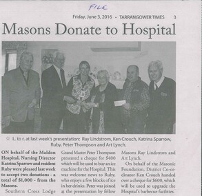 Newspaper - Clipping, Masons Donate to Hospital, 3/06/2016