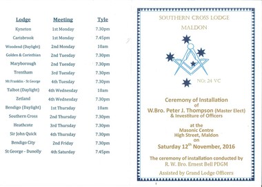 Card, Installation of Wor. Bro. Peter Thompson 2016