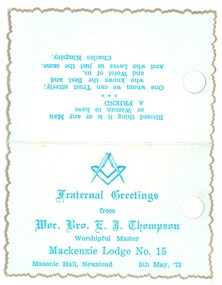 Installation Card, E J Thompson 1973