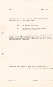 Document, Specification of work to be done and material to be used in the construction of a new masonic centre