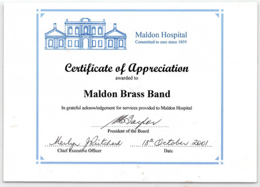 Certificate of Appreciation, Maldon Hospital 2001