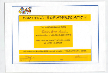 Certificate of Appreciation, Maldon Primary School 2007