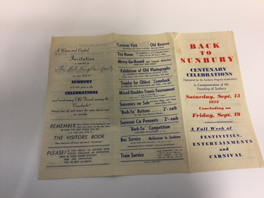 Pamphlet - Invitation, Back to Sunbury, 1952