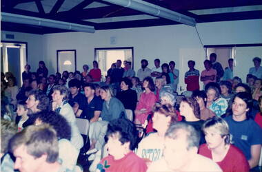 A photograph of the audience at the 1988 Bulla School Concert with all setting area filled and thew remainder standing at the back of the hall.
