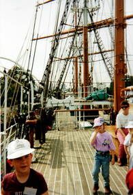 A view on the deck of the Polly Woodside showing the many ropes needed to control the ship's sails. 
