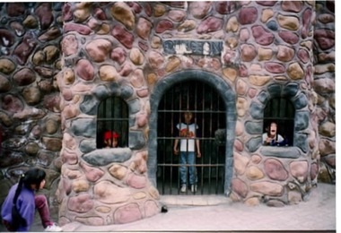 Three children are standing behind bars in a tower and looking outside.