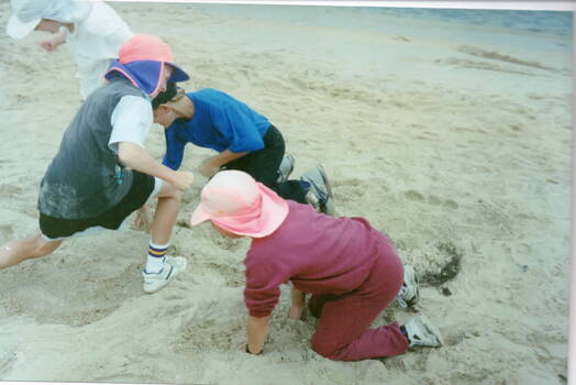 Three boys are busily building a sand sculpture at Williamstown Beach.
