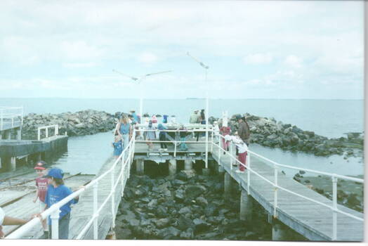 The children have been taken for a walk to the end of the pier at Williamstown Beach. Some of them are looking below at the water under the pier. 