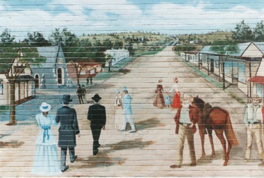 A mural painted on a brick wall of Macedon Street in Sunbury as imagined 100 years ago.