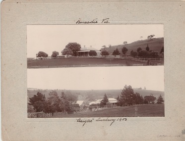 Two sepia photos have been mounted on cardboard. They are photgraphs of two early homesteads that were built in Sunbury.