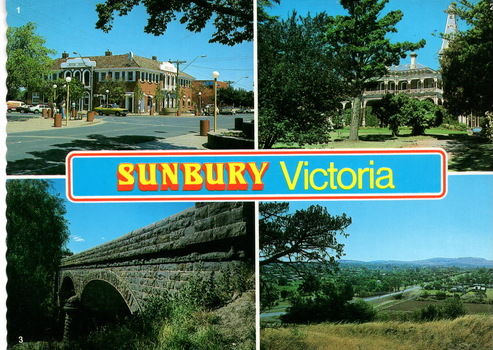 Four views of Sunbury on in postcard format.