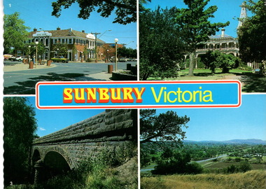 Four views of Sunbury on in postcard format.