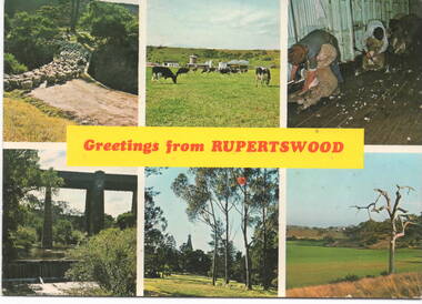 A coloured postcard with six small photos of sites within the Rupertswood Estate.