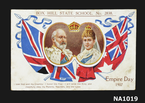 Card - photo of George V and Queen Mary with British and Australian flags. 'Box Hill State School No. 2838' 'Empire Day 1907'