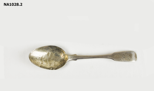 Two silver spoons with 'G' engraved on handle. (silver marks on both)