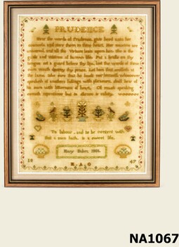 Framed sampler of cross stitch headed 'Prudence'