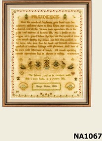 Framed sampler of cross stitch headed 'Prudence'
