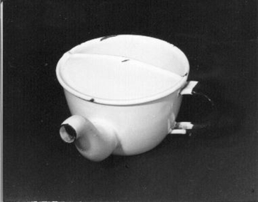 White enamel invalid cup with half lid and spout