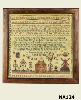 Framed needlework sampler - five lines of alphabet and numbers worked in red cross stitch on a light brown material, followed by a verse, then a house, birds, boat, windmill, animals worked below. 
