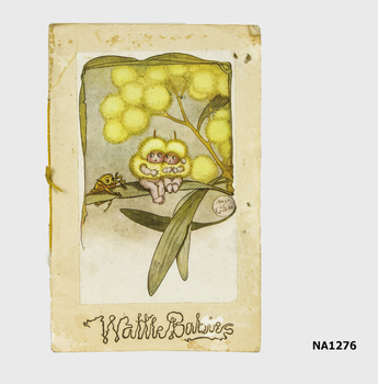 Soft cover book with May Gibbs' drawing of wattle babies on front