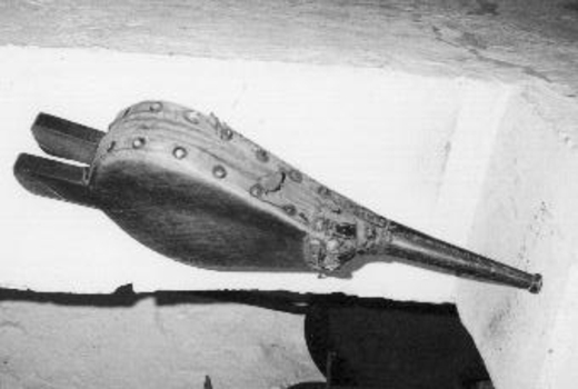 Pair wooden bellows with leather inset and metal funnel. 