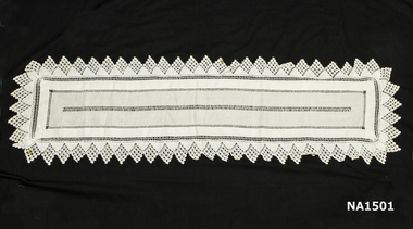Long white cotton table runner with cotton crochet edging