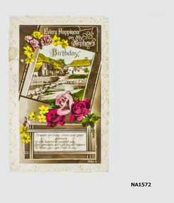 Postcard with illustrations of thatched cottages and stream and red, pink and yellow flowers