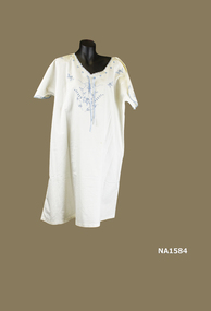 White cotton Nightdress with short sleeves.  Blue embroidered edging on neck, Bodice and sleeves. 