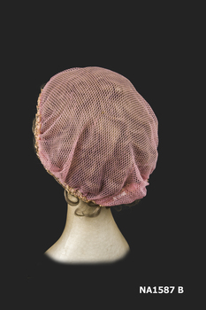Pinl net Boudoir Cap with tinsel lace at edge. Back view.