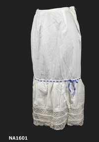 White cotton half petticoat with blue ribbon threaded through eyelets.