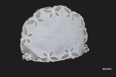 White cotton cloth - a semi-circle with 9 patterns of embroidered butterflies around edge. 