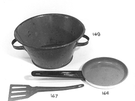 Red metal toy bowl with two handles