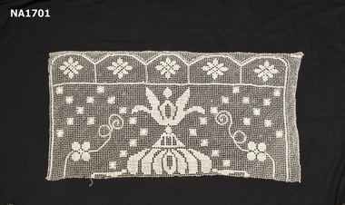 Cream cotton machined crochet tray cloth with one edge missing