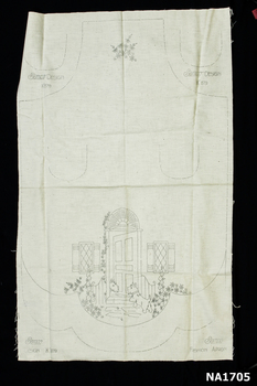 Calico sheet with stencil for apron indicated by broken line. 
