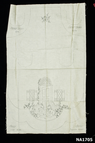 Calico sheet with stencil for apron indicated by broken line. 