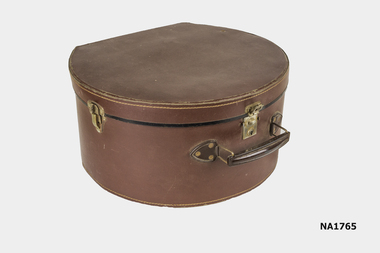 Round brown hat box - cardboard with leather like coating. 