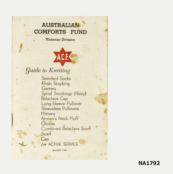Paper back instruction booklet for Comfort Fund Knitted articles.