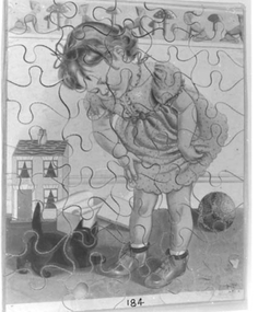 Wooden jigsaw puzzle depicting girl with cat,