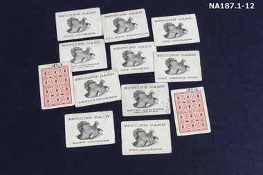 12 small playing cards depicting 2 chicks with hen.