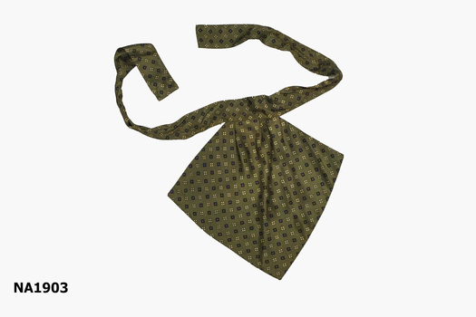 Olive green cravat with small diamonds of white and blue.