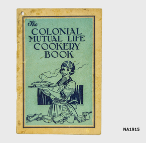 Soft covered cream book with illustration of woman on apron holding pie with cooking utensils in front of her.