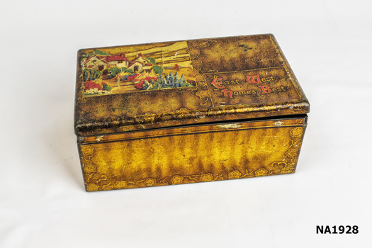Gold painted illustrated tin, 
