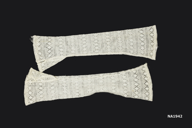 Pair long white crochet mittens with thumb open