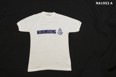 White cotton T shirt with 'Nunawading' and City of Nunawading logo on front. 