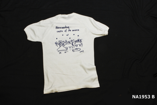 White cotton T shirt with 'Nunawading' and City of Nunawading logo on front. 