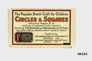 Envelope type box containing packet of various colours and sizes of circles and squares