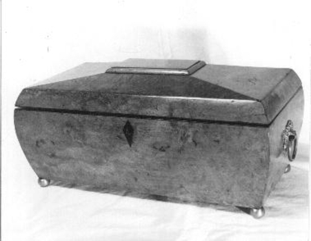 Burr walnut tea caddy with ornate brass handles and four round brass legs.